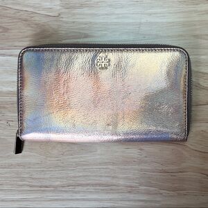 Tory Burch Iridescent Metallic Zip Wallet in Rose-Gold Hues